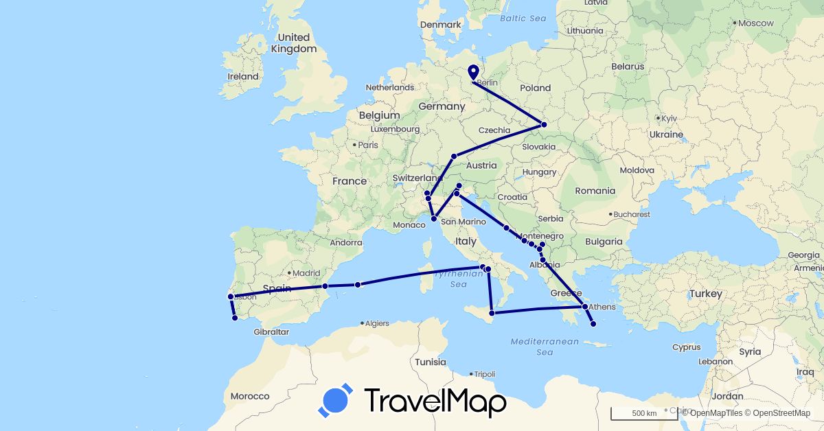 TravelMap itinerary: driving in Albania, Germany, Spain, Greece, Croatia, Italy, Montenegro, Poland, Portugal (Europe)